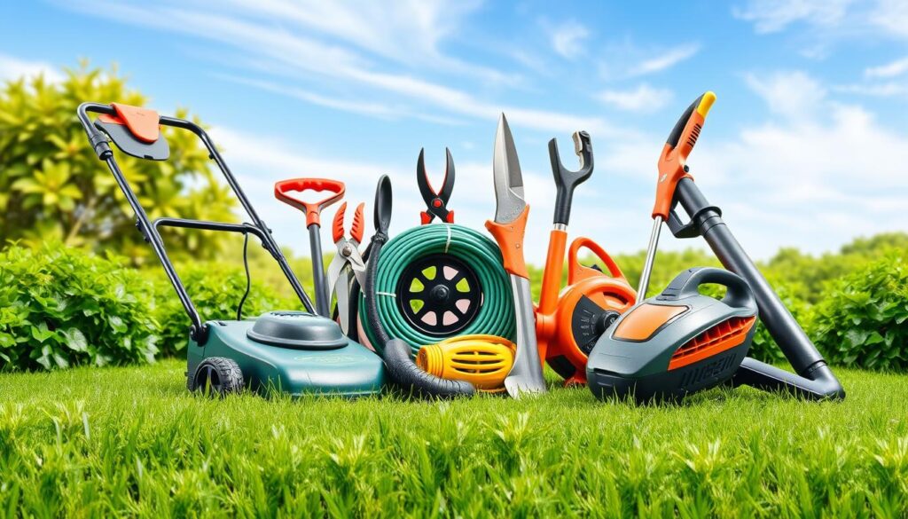A neatly arranged collection of essential lawn care tools displayed against a bright, natural background. In the foreground, a vibrant green lawn and surrounding verdant foliage set the scene. The mid-ground features a variety of well-maintained tools, including a sturdy push mower, a sharp pair of pruning shears, a durable hose reel, and a sleek leaf blower. In the background, a clear blue sky with wispy clouds creates a sense of tranquility and harmony. The lighting is soft and natural, highlighting the details and textures of the tools. The overall composition conveys a sense of order, organization, and a dedication to maintaining a healthy, lush lawn year-round.