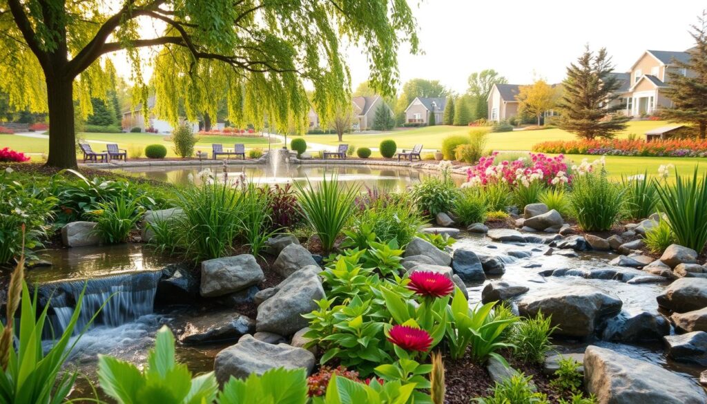 A lush, verdant rain garden thrives in the foreground, its colorful native plants expertly arranged to capture and filter stormwater runoff. Glistening water cascades over smooth river rocks, creating a soothing, natural ambiance. In the middle ground, a tranquil pond reflects the overhanging trees, their leaves swaying gently in a light breeze. The background showcases a serene suburban landscape, with well-tended homes and gardens blending seamlessly with the surrounding greenery. Warm, diffused lighting casts a soft, inviting glow, highlighting the garden's harmony with the environment. The scene conveys a sense of environmental stewardship and the beauty that can be achieved through sustainable landscape design.