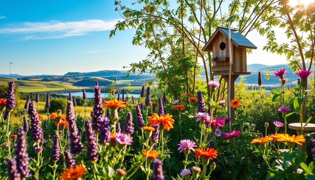 A bountiful garden teeming with natural pest control solutions. In the foreground, organic herbs and flowers such as lavender, marigold, and chrysanthemum thrive, their soothing fragrances repelling unwanted insects. In the middle ground, a wooden birdhouse and a bee hotel stand as havens for beneficial predators, casting gentle shadows across the lush foliage. The background reveals a picturesque landscape of rolling hills, a serene pond, and a clear blue sky, bathed in warm, golden sunlight that illuminates the vibrant, pesticide-free scene. A harmonious, eco-friendly oasis where nature's balance is restored.