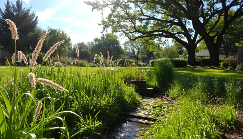 A lush, verdant rain garden in a tranquil suburban landscape. Sunlight filters through wispy clouds, casting a warm, natural glow over the scene. In the foreground, a mix of native plants and grasses sway gently in a light breeze, their leaves and petals glistening with freshly fallen raindrops. The middle ground features a meandering stream, its waters flowing smoothly into a small depression, where a diversity of aquatic plants thrive. In the background, a canopy of mature trees provides a sense of enclosure and privacy, their branches casting dappled shadows across the garden. The overall atmosphere evokes a sense of harmony between nature and the built environment, showcasing the beauty and functionality of a well-designed rain garden.
