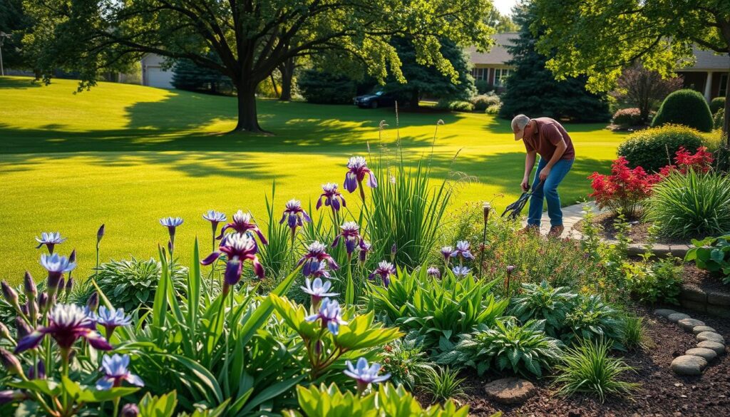 A lush, well-maintained rain garden in a tranquil suburban setting. In the foreground, a gardener carefully tending to the native plants, pruning and removing debris. The middle ground showcases the garden's vibrant colors and diverse foliage, including species like purple coneflowers, blue flag iris, and red-osier dogwood. The background features a gently sloping lawn, with mature trees providing dappled sunlight and a sense of calm. The scene is illuminated by warm, natural lighting, captured with a medium-wide lens to highlight the depth and balance of the composition. An atmosphere of peaceful stewardship and environmental harmony pervades the image.
