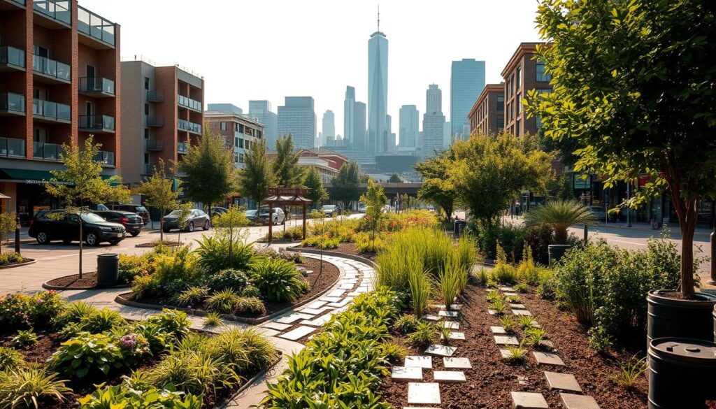 A bustling urban landscape, where buildings and infrastructure blend seamlessly with lush, verdant rain gardens. In the foreground, a network of bioswales and permeable pavement channels stormwater runoff, while strategically placed rain barrels and cisterns capture precious rainwater. The middle ground features thriving native plants and trees, their roots absorbing and filtering the water. In the background, a modern skyline rises, showcasing the harmonious integration of sustainable water management practices within a vibrant city. The scene is bathed in warm, golden sunlight, conveying a sense of environmental harmony and urban resilience.