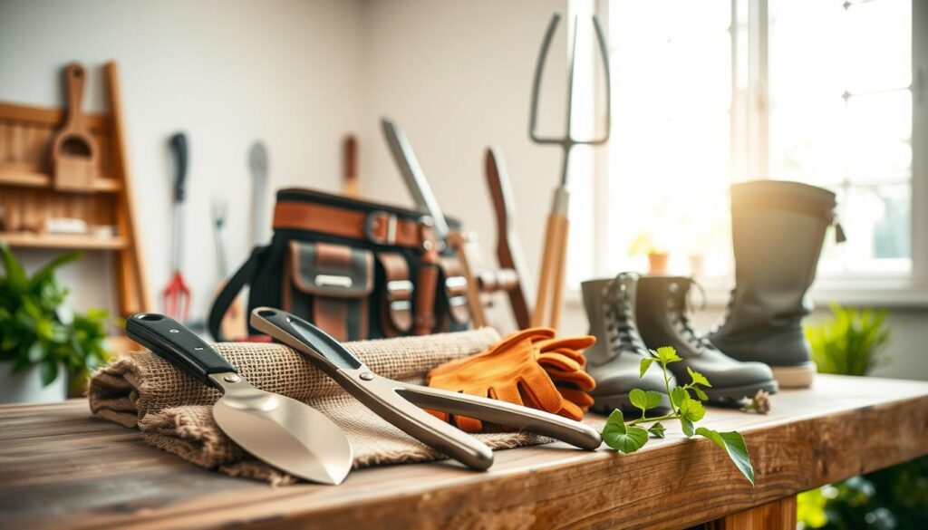 A well-curated collection of premium gardening tools arranged on a wooden workbench in a bright, airy studio setting. In the foreground, a sleek stainless steel hand trowel, pruning shears, and gardening gloves sit atop a burlap cloth. The middle ground features a high-quality leather tool belt, a sturdy garden fork, and a pair of heavy-duty gardening boots. In the background, a large window allows natural light to flood the space, casting a warm, inviting glow over the scene. The overall composition conveys a sense of quality, functionality, and a passion for cultivating a thriving garden. 