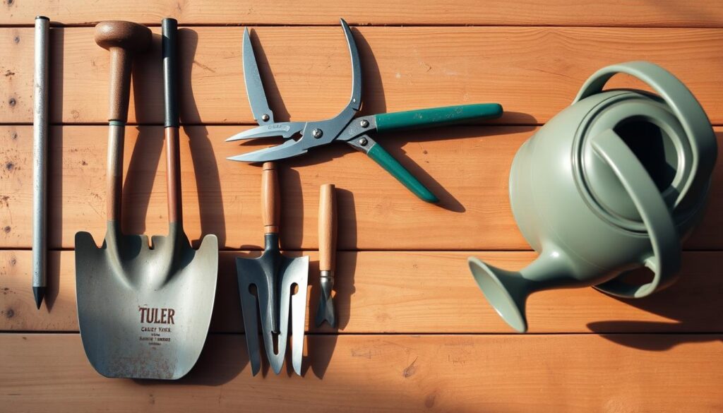 A neatly organized collection of essential gardening tools, including a sturdy shovel, a sharp pair of pruning shears, a long-handled cultivator for aerating soil, a trowel for planting, and a watering can with a gently arched spout. The tools are arranged on a wooden workbench, casting soft shadows under warm, diffused lighting. The scene conveys a sense of order and practicality, suited for both novice and experienced gardeners alike.