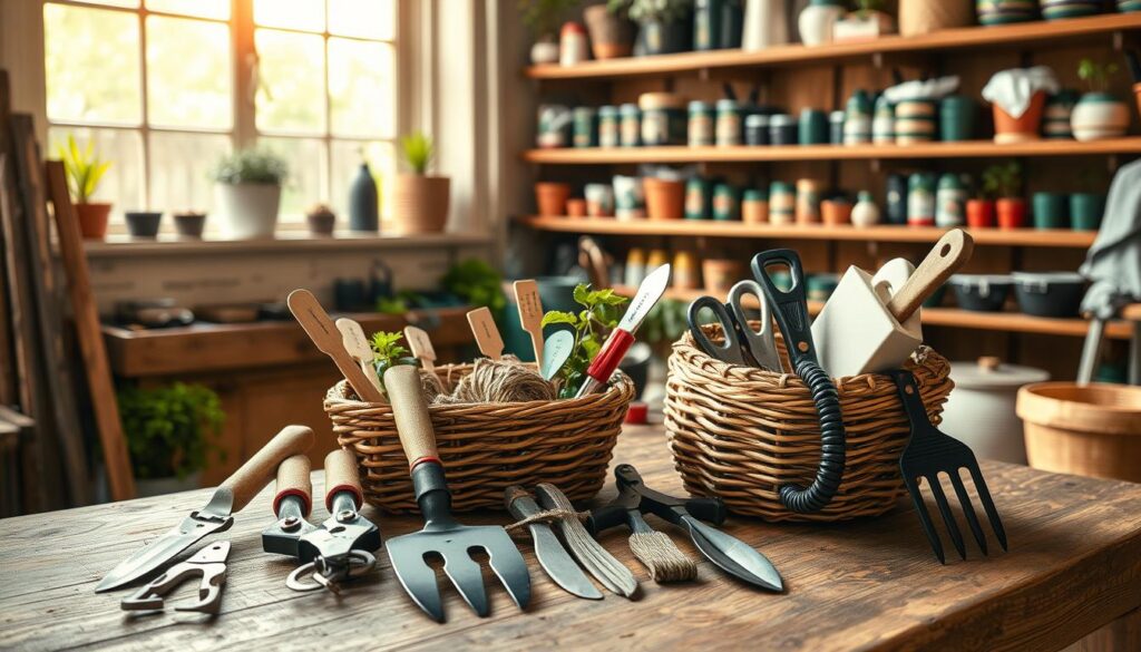 A well-organized and neatly arranged gardening tool kit sits on a rustic wooden workbench, bathed in warm, natural lighting from a large window. The foreground features an assortment of essential tools - secateurs, trowel, cultivator, and hand fork - carefully placed. In the middle ground, a hand-woven basket holds smaller items like twine, plant markers, and pruning shears. The background showcases shelves lined with various potting supplies, soil amendments, and gardening accessories, creating a sense of order and preparedness. The overall mood is one of efficiency, organization, and a passion for gardening.