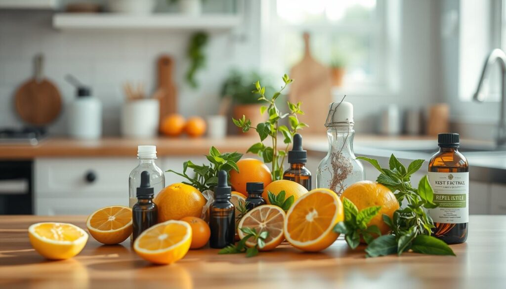 a bright, airy kitchen counter displaying various natural pest control ingredients, including citrus fruits, herbs, and essential oils, arranged in an attractive, organized manner. Soft, natural lighting illuminates the scene, highlighting the vibrant colors and textures of the natural materials. The focus is on the repellents themselves, with a clean, minimalist aesthetic that emphasizes their simplicity and efficacy. The overall mood is one of calm, wellness, and confidence in the power of nature to provide effective, eco-friendly solutions.