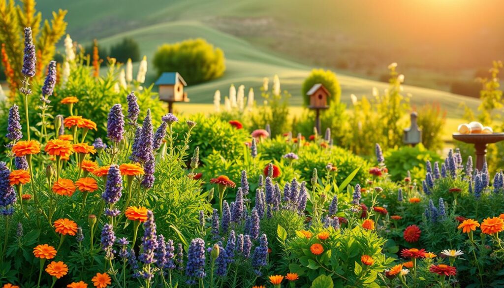 A lush, verdant garden with a diverse array of plants, each contributing to sustainable pest control. In the foreground, natural repellents like marigolds, lavender, and citronella plants form a vibrant tapestry, their vibrant colors and pleasant aromas deterring unwanted insects. In the middle ground, a strategically placed birdhouse and a birdbath attract beneficial predators like birds and ladybugs, which feast on common garden pests. The background features a gently sloping hill, bathed in warm, golden sunlight, conveying a sense of harmony and balance between nature and human stewardship. The overall scene evokes a serene, eco-friendly approach to pest management, perfectly suited for the "Sustainable Pest Management for Different Seasons" section of the article.