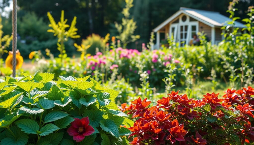 A serene garden scene with natural pest control treatments in the foreground. Vibrant, lush foliage in the middle ground, with sun-dappled rays illuminating the scene. In the background, a modest, rustic shed or greenhouse, hinting at a sustainable, eco-friendly approach. The focus is on organic methods like companion planting, pheromone traps, and natural repellents, all skillfully integrated into the harmonious landscape. The overall mood is one of tranquility, balance, and a deep connection to the natural world.